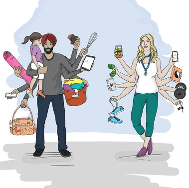 Illustration of an interracial family with multiple hands showing various responsibilities. This image highlights the diverse and collaborative nature of family life, emphasizing teamwork and shared duties.
