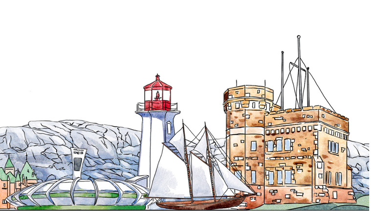 Watercolor and ink illustration of Canada's East Coast, used as a banner for Forvest Bank's global expansion.