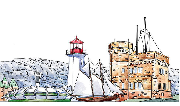 Watercolor and ink illustration of Canada's East Coast, used as a banner for Forvest Bank's global expansion.