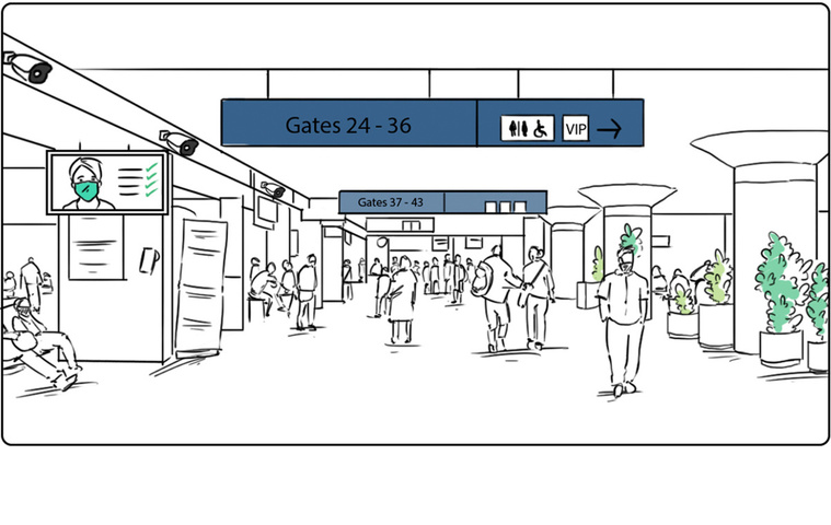 A detailed storyboard illustration of an airport’s interior, showcasing improved efficiency and convenience with new technology. Perfect for demonstrating the benefits of streamlined airport processes for US travelers.
