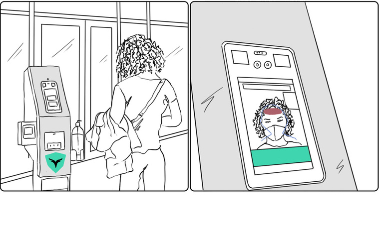 A clean line drawing storyboard for Turing, representing AI and cutting-edge technology for airport facial recognition. A singular spot color highlights the company's branding, making it visually impactful and memorable.