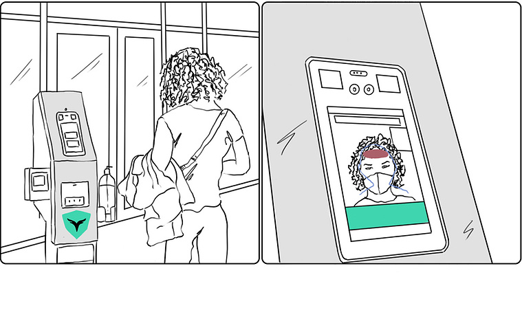 A clean line drawing storyboard for Turing, representing AI and cutting-edge technology for airport facial recognition. A singular spot color highlights the company's branding, making it visually impactful and memorable.