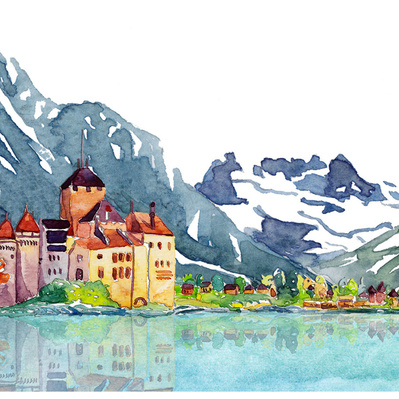Watercolor scene illustration of Switzerland for advertising and marketing, showcasing Swiss landscapes with vibrant detail.