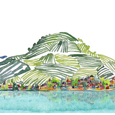 Watercolor scene illustration of Switzerland's rolling hills, ideal for advertising and marketing, highlighting the serene Swiss countryside.