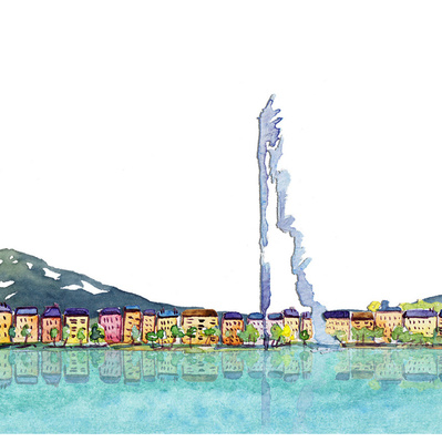 Watercolor scene illustration of Geneva's iconic water fountain, perfect for advertising and marketing, capturing the beauty of Swiss landmarks.