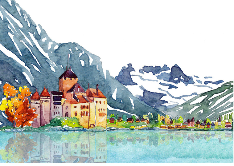 Vibrant watercolor illustration of Château de Chillon, a renowned Swiss landmark. Used as a captivating banner on the Forvest Bank website, showcasing the beauty of the region and the bank's connection to Swiss heritage.
