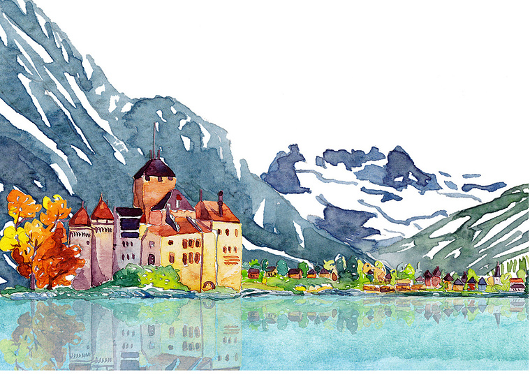 Vibrant watercolor illustration of Château de Chillon, a renowned Swiss landmark. Used as a captivating banner on the Forvest Bank website, showcasing the beauty of the region and the bank's connection to Swiss heritage.