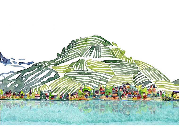 Vibrant watercolor illustration of the Swiss Plateau, showcasing the country's stunning landscapes and European charm. Used by Forvest Bank for marketing, advertising, and rebranding purposes.