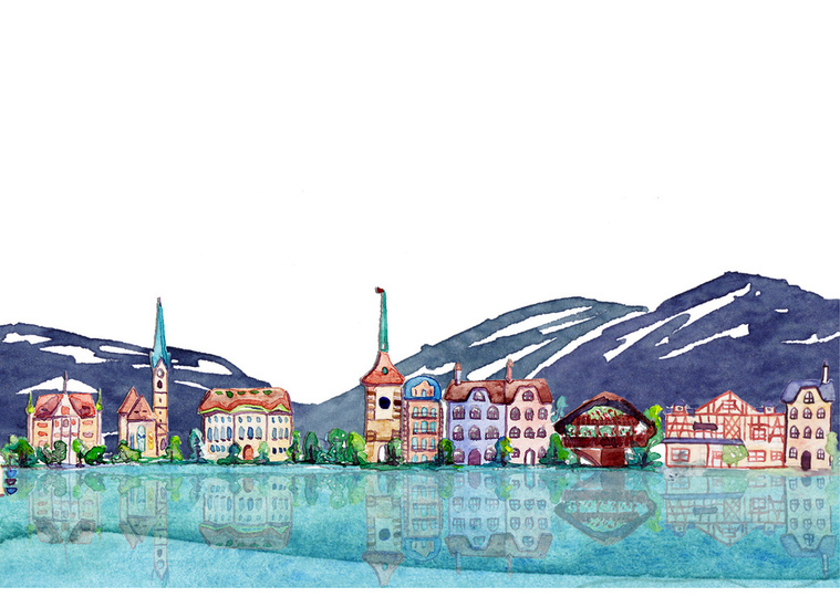 Watercolor illustration of Swiss architecture, used in a Forvest Bank rebranding banner.