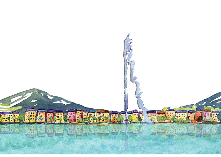 Watercolor illustration of Jet d'Eau, used in a Forvest Bank rebranding.