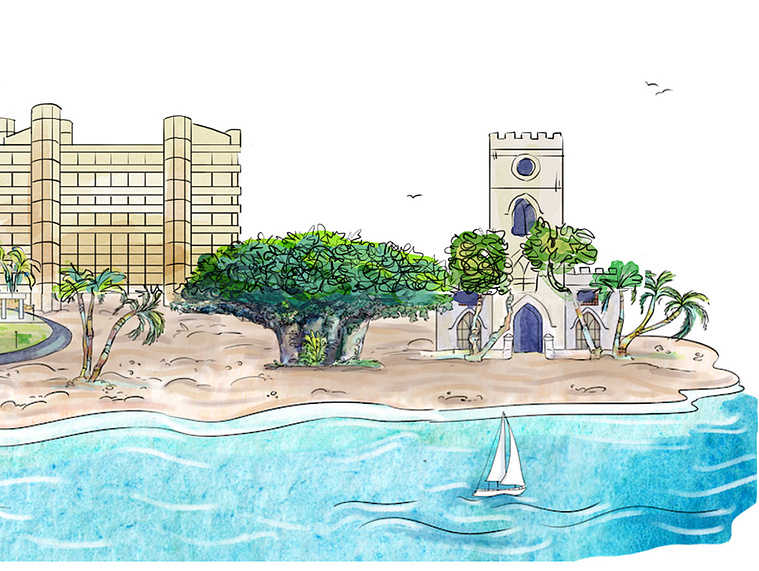 Watercolor and ink illustration of Barbados' iconic beach and buildings, used as a banner for their global expansion initiative.