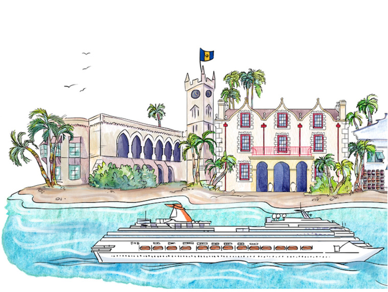Watercolor and ink illustration of Barbados, featuring iconic buildings, a cruise ship, and the beach. Used as a banner to promote Forvest Bank's global expansion.
