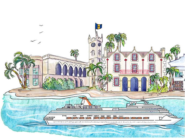 Watercolor and ink illustration of Barbados, featuring iconic buildings, a cruise ship, and the beach. Used as a banner to promote Forvest Bank's global expansion.
