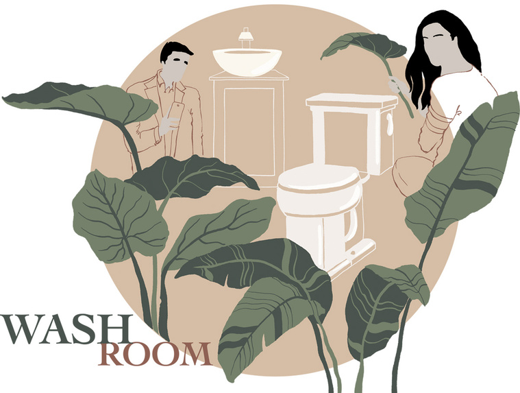 Inclusive washroom sign illustration for The Hideout, a Hong Kong-based relaxation company. Organic and inorganic elements blend harmoniously in this vector design.