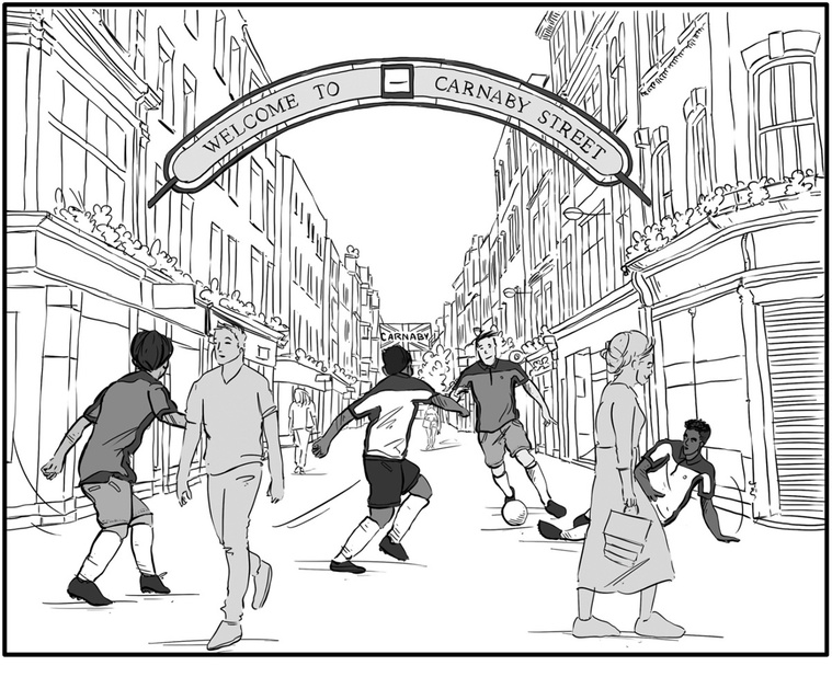 Black and white storyboard illustration for Ben Sherman's latest branding initiative. Depicts footballers playing on London's iconic Carnaby Street, showcasing architectural details and simple shading.