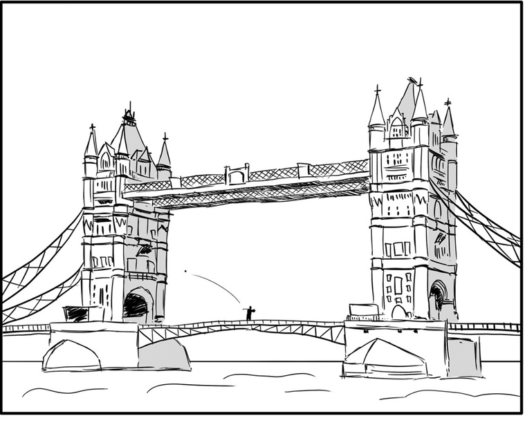 Black and white illustration for Ben Sherman's advertising campaign. Iconic Tower Bridge serves as the backdrop for a golfer teeing off, representing the brand's latest clothing line.