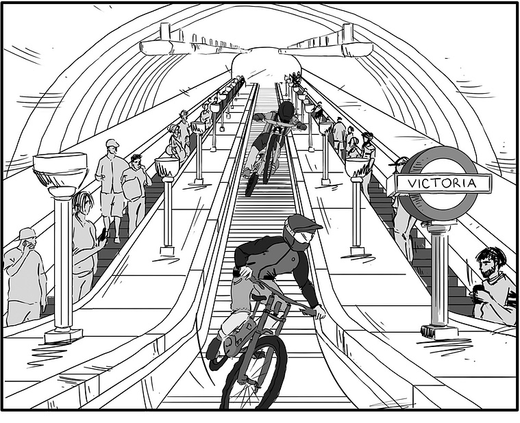 Black and white illustration for Ben Sherman's innovative fashion campaign. A BMX biker rides through London's iconic Victoria Station, showcasing the brand's latest clothing line in a dynamic and stylish manner.
