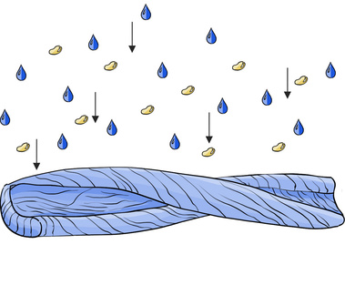Illustration Depicting WIN Detergent and Water Falling from the Sky and Mixing with Synthetic Fiber – Organic Blend Process Visualized for Effective Cleaning.