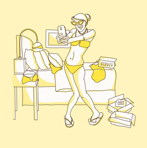 Advertising vector illustration of a woman feeling confident and happy after trying on her new swimsuit. She takes a selfie in her room to share her excitement. Perfect for promoting swimwear and online shopping.