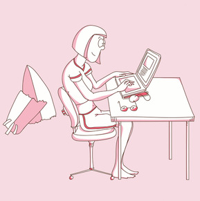 A vector illustration of a woman, disappointed with a broken surfboard, using her laptop to order a new swimsuit online. Perfect for advertising and marketing initiatives, highlighting the convenience and versatility of online shopping.