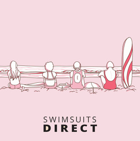 A vector illustration of a woman surfing in her new swimsuit, surrounded by friends on the beach. This image is part of a four-part marketing and advertising series, showcasing the product’s versatility and fun-filled lifestyle.