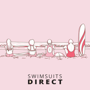 A vector illustration of a woman surfing in her new swimsuit, surrounded by friends on the beach. This image is part of a four-part marketing and advertising series, showcasing the product’s versatility and fun-filled lifestyle.