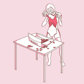 A vector illustration of a woman excitedly opening a newly delivered package and trying on a swimsuit. Perfect for advertising and marketing campaigns, showcasing the thrill of unboxing and trying on a new purchase.