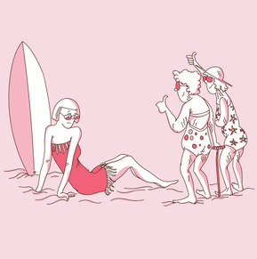 A humorous vector advertising illustration of two elderly women giving a thumbs-up to a woman wearing a hilariously hideous swimsuit on the beach. Perfect for a quirky and memorable campaign, promoting body positivity and self-acceptance.