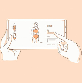 A monochromatic vector illustration of a person using the Swimsuits Direct app on their phone to select a swimsuit. This engaging image is perfect for advertising the app and promoting swimsuit shopping online.