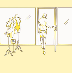 Vibrant vector illustration of a woman exiting a swimsuit shop, confidently showcasing her new purchase. Perfect for marketing and advertising campaigns, promoting swimsuit shopping excitement and satisfaction.