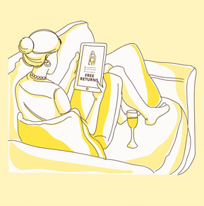 Vector illustration for a storyboard depicting a woman relaxed on her couch, exploring the Swimsuits Direct website to find her perfect swimsuit. Ideal for online shopping and advertising campaigns, highlighting convenience and variety.