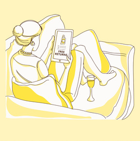 Vector illustration for a storyboard depicting a woman relaxed on her couch, exploring the Swimsuits Direct website to find her perfect swimsuit. Ideal for online shopping and advertising campaigns, highlighting convenience and variety.