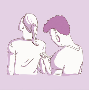 A vector advertising illustration of a woman multitasking, shopping for a swimsuit online while waiting in line at a store. This image perfectly captures the modern consumer experience, ideal for promoting both online and in-store shopping.