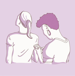 A vector advertising illustration of a woman multitasking, shopping for a swimsuit online while waiting in line at a store. This image perfectly captures the modern consumer experience, ideal for promoting both online and in-store shopping.
