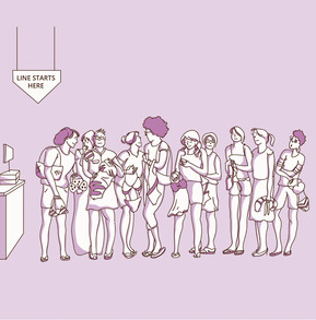A fun, monochromatic vector illustration of a woman patiently joining the end of the line to purchase a swimsuit. Perfect for advertising and marketing campaigns, highlighting the excitement and anticipation of swimsuit shopping.