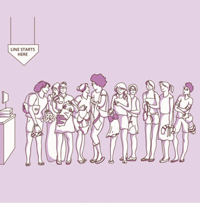 A fun, monochromatic vector illustration of a woman patiently joining the end of the line to purchase a swimsuit. Perfect for advertising and marketing campaigns, highlighting the excitement and anticipation of swimsuit shopping.