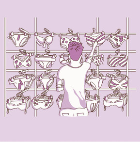 Cartoon-style vector illustration of a woman of color confidently browsing the bottom swimsuit section in a store. Perfect for advertising and marketing, promoting inclusivity and body positivity in swimwear.