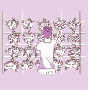 Cartoon-style vector illustration of a woman of color confidently browsing the bottom swimsuit section in a store. Perfect for advertising and marketing, promoting inclusivity and body positivity in swimwear.