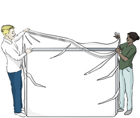 Illustration of two people pulling a mattress cover over a mattress. This SEO-optimized image highlights teamwork and the ease of fitting a mattress cover, making it ideal for showcasing bedding products and home care tips.