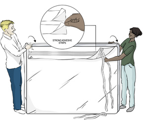 Illustration showing two strips of double-sided tape on a mattress bag. This SEO-optimized image highlights the secure sealing feature of the mattress bag, emphasizing its ease of use and effectiveness in protection and storage.