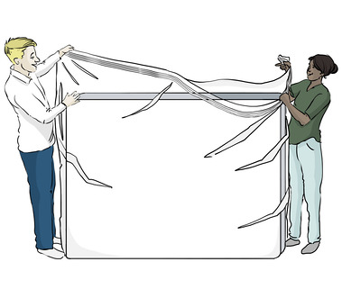 Full-color product illustration of a couple putting on a high-quality mattress cover. Showcase your premium bedding solution in style.