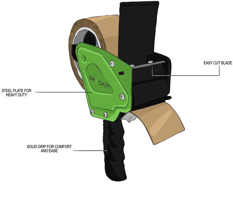 Product illustrations of a corporate tape dispenser for Brackit, showcasing its key features and design elements. Perfect for Amazon presentations.