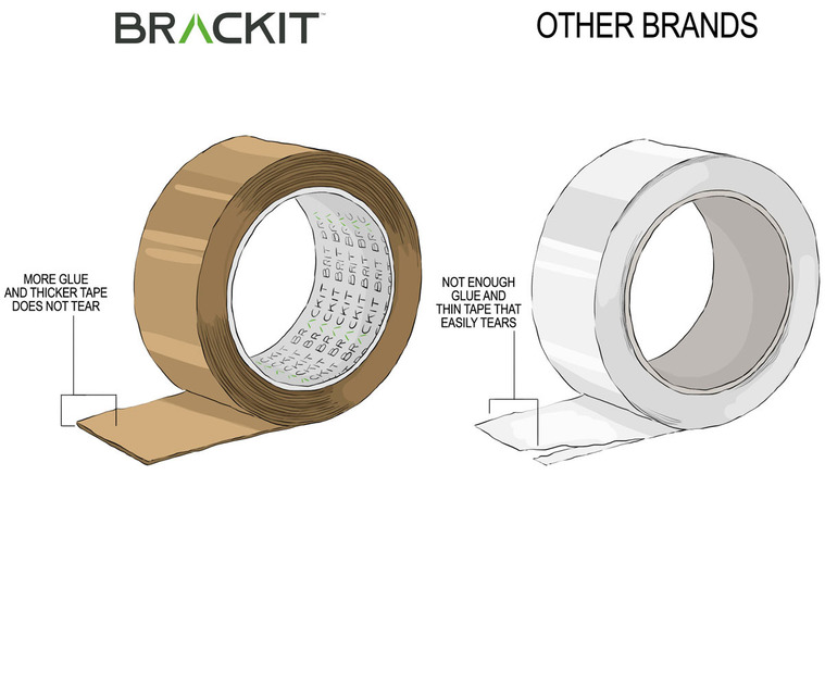 Technical product illustration comparing Brackit tape dispensers to competitors. Used for sales and marketing.