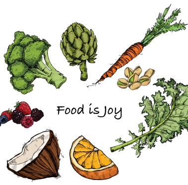 Colorful food illustrations featuring fruits and vegetables used for a mindfulness book. This vibrant artwork promotes healthy eating and mindfulness practices through engaging visuals.