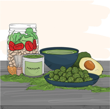 Matcha-colored illustration representing tea, avocados, and matcha bowls. This vibrant design highlights the health benefits and aesthetic appeal of matcha and fresh produce.