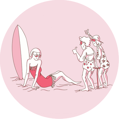 Monochromatic red vector illustration of a young woman in an ugly swimsuit sitting on a beach next to a surfboard, with two older women giving thumbs up, created for Swimsuits Direct advertisement.