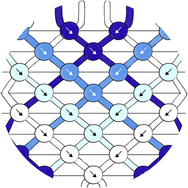 Technical instruction illustration for Zollie, showcasing the stitch pattern of a friendship bracelet style in various blues and whites. This visual enhances the Zollie case studies page, highlighting creative design techniques.