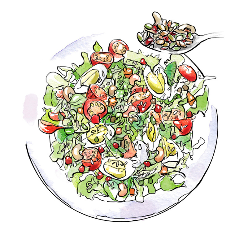 Watercolor illustration of a fresh leafy salad, highlighting vibrant greens and textures for health and nutrition concepts.