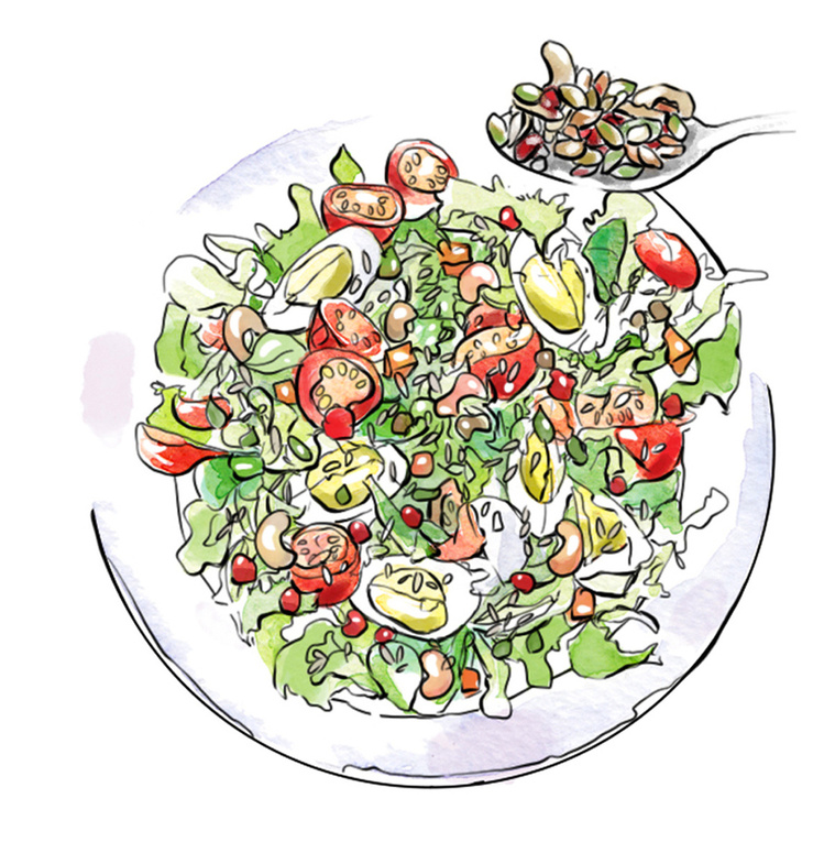 A vibrant watercolor and ink illustration of a salad with NatureSource's new salad topper line. Perfect for food and beverage advertising, showcasing the product's health benefits and visual appeal.