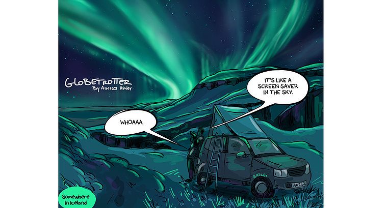 Entertainment, media, and comics illustration services featuring 'Globetrotter,' a syndicated comic by Andrews McMeel created by Ainsley Ashby. This comic takes readers on a global journey and is available for features in travel magazines and publications